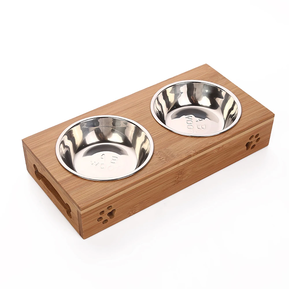 

Pet Supplies Bamboo Wood Protect Cervical Spine Water Food Feeder Cat Dog Double Bowl With Wooden Frame And Stainless Steel Bowl