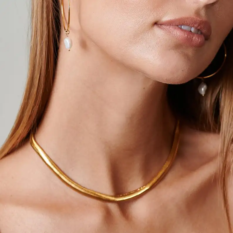 

18k Gold Jewelry Herringbone Necklace Choker Necklace Flat Snake Chain Necklace