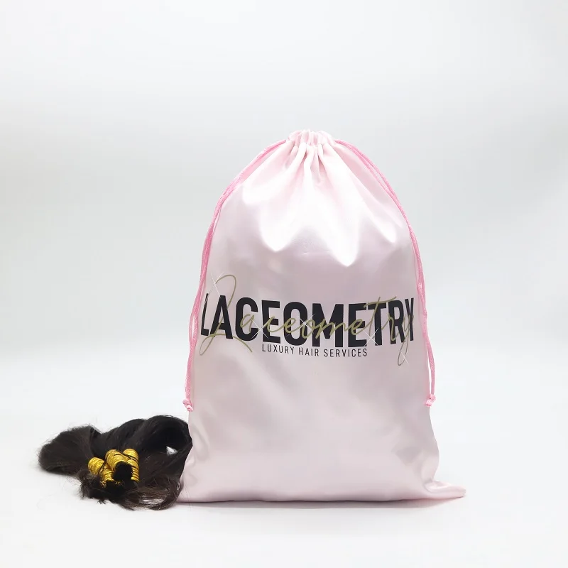 

Pink Custom Logo Satin Drawstring Packaging Bag For Wigs Hair Bundles Storage Dust Bags And Label Wraps, Gray, white, black , blue, red, yellow, green , purle etc.