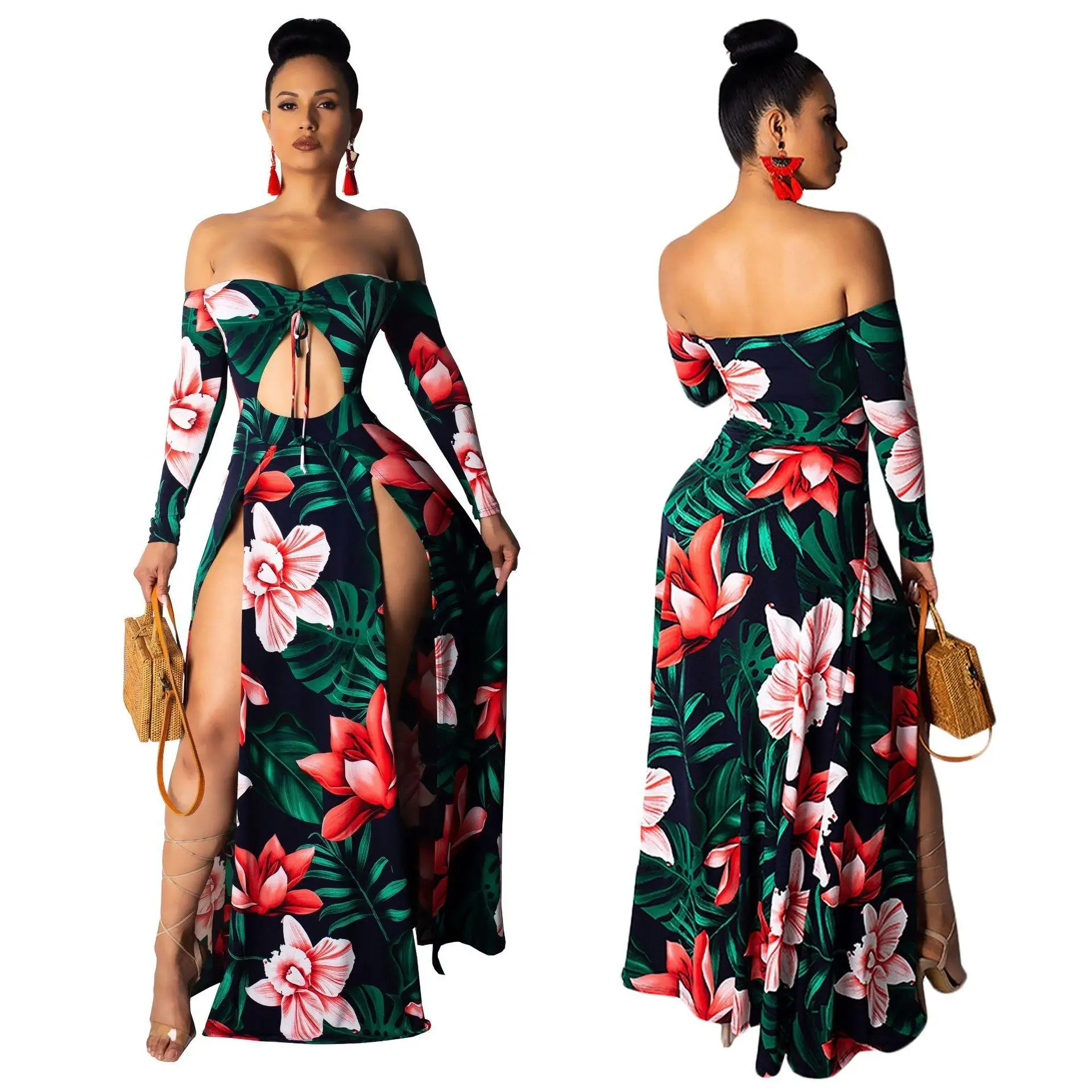 

sexy casual dress with elegant floral printed off-shoulder double slit maxi dress