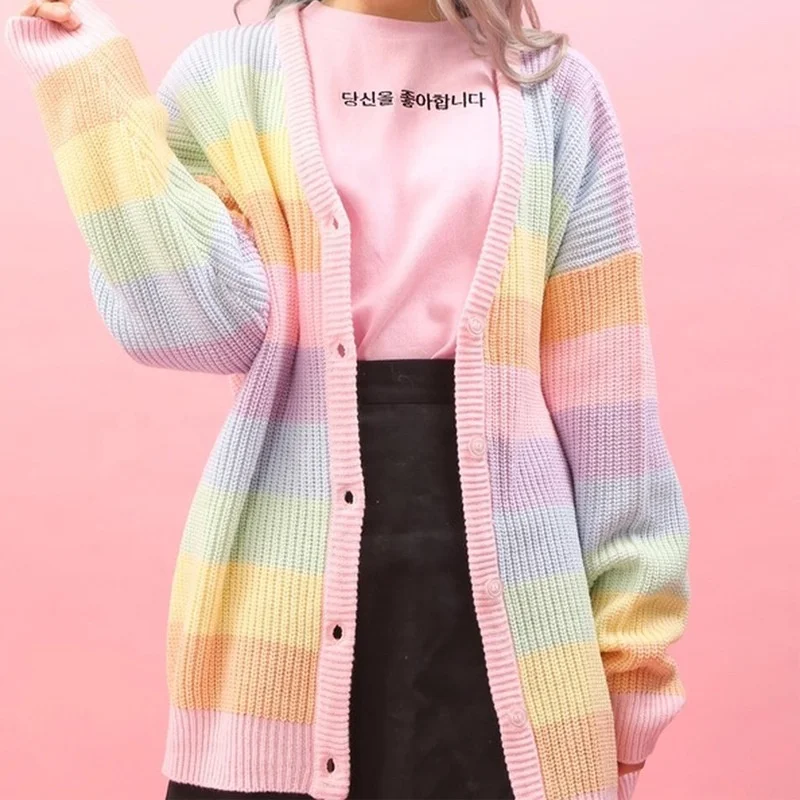 

INS new 100% cotton women's clothing long rainbow unicorn stripe baggy free size cardigan sweater for fall women