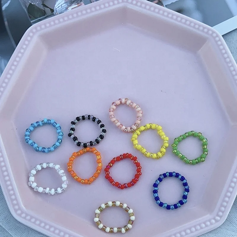 

Simple Creative Handmade Rice Beads Woven Multicolor Elastic Ring, 10 colors