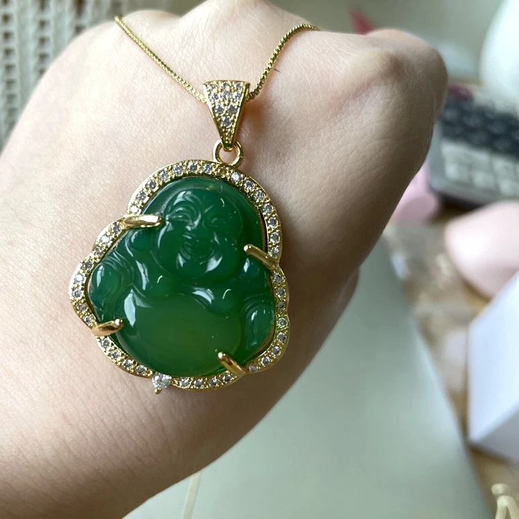 

Hip Hop Jewelry Colorful Jade Laughing Buddha Pendant Necklace Cubic Zircon CZ Agate Natural Jade Buddha Religious Buddha