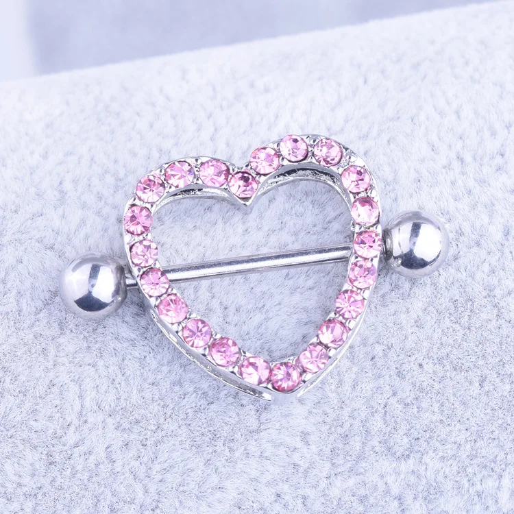 

SUNRAIN Wholesale Unique Heart Shaped Nipple Shield Ring Barbells CZ Crystal Paved Nipple Piercing Women Jewelry, Blue,silver,pink