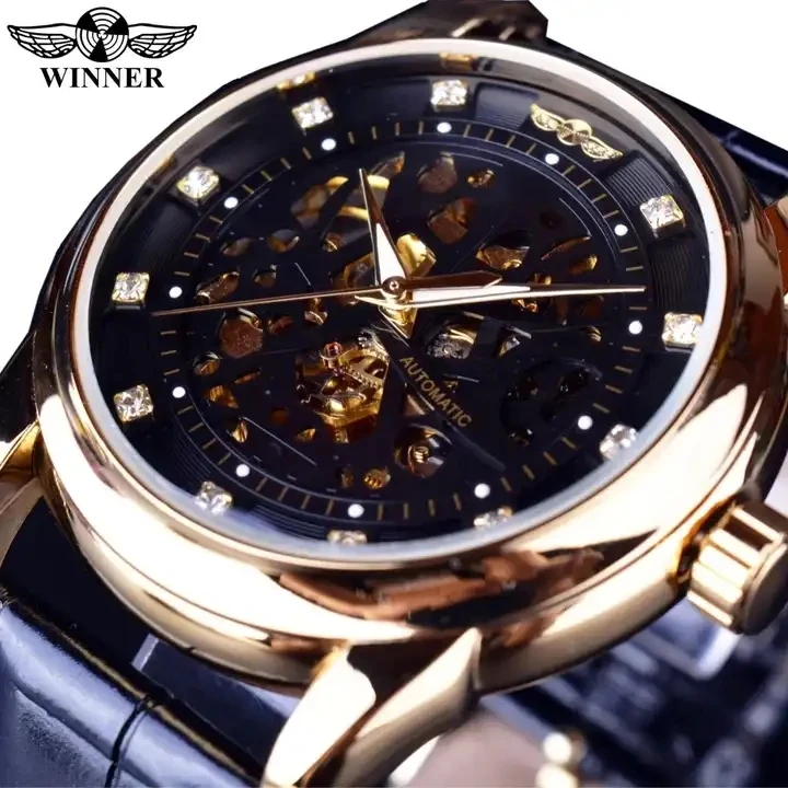 Winner Top New Luxury Royal Diamond Design Black Gold Watch Montre Homme Mens Watches Male Skeleton Mechanical Watch Gift