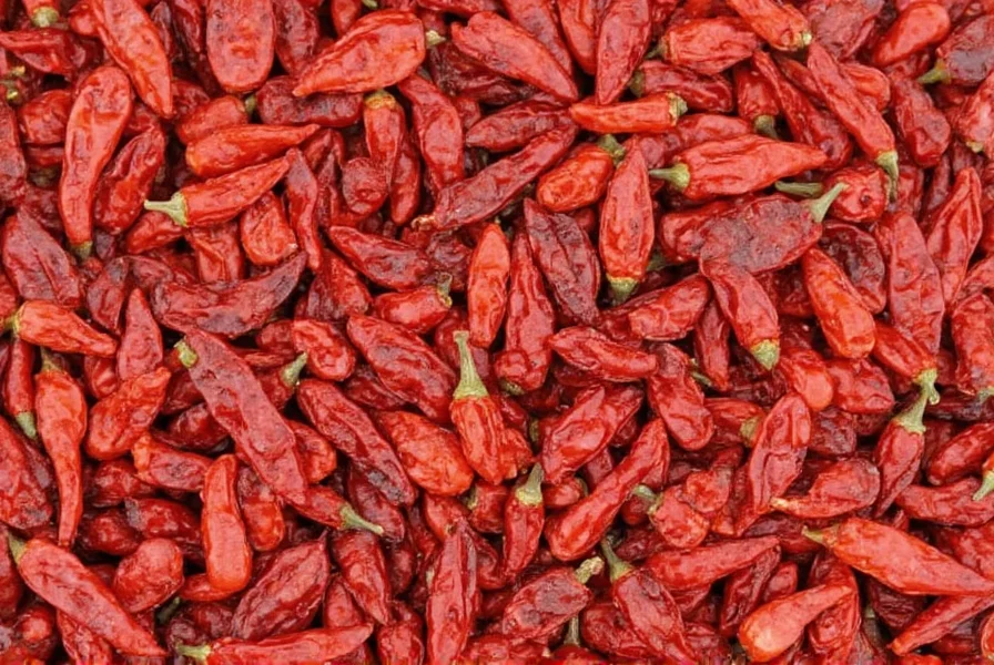 Dried arbol chiles in a wooden bowl