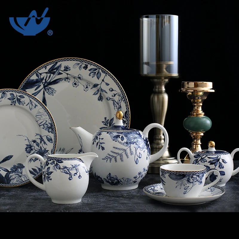Antique Custom Luxury Blue Bone China Luxury Dinner Plate Set Tea Cup Set With Gold Rim