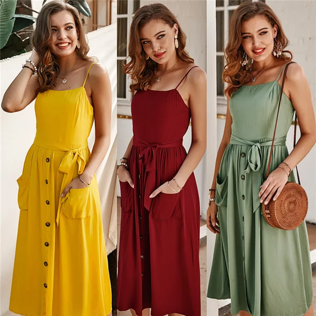 

2021 Spring And Summer New Solid Color Sleeveless Dress Elegant Pocket Dress With Belt Halter Dress, Picture color