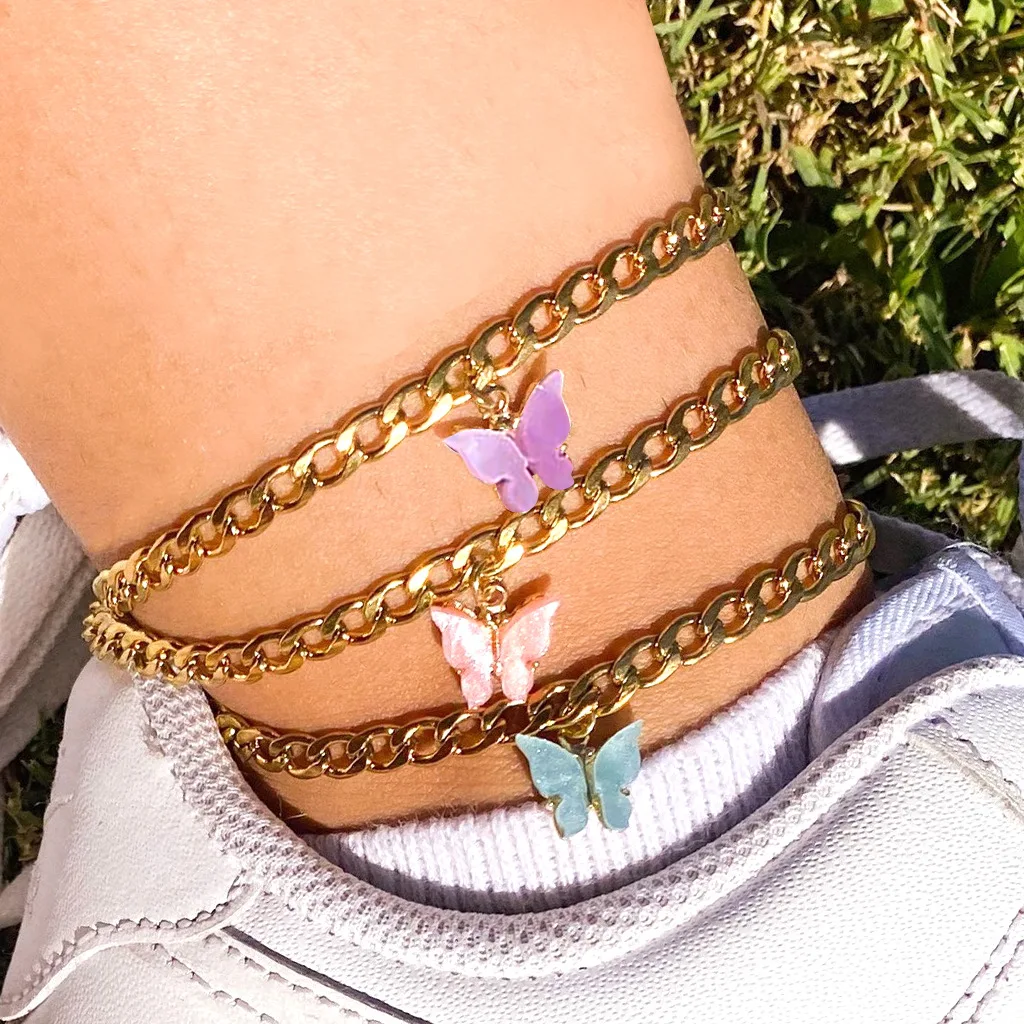 

Summer Latest Beach Foot Jewelry Real Gold Plated Thick Cuban Chain Butterfly Charm Bracelet Multicolor Butterfly Ankle Bracelet
