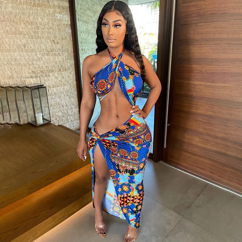 

Women's Spring hot sale 2021 New Printed Cross Halter Lace-up Dress