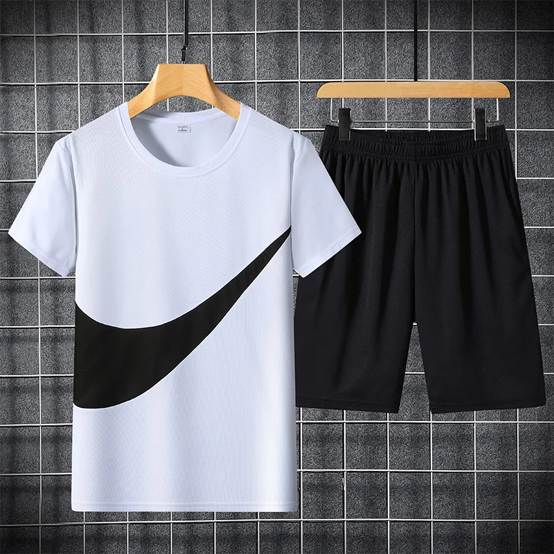 

New summer young men's comfortable breathable fabric men's fashion sports suit short sleeve five-quarter pants two pieces