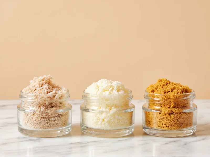 Three glass jars with different natural exfoliator mixtures
