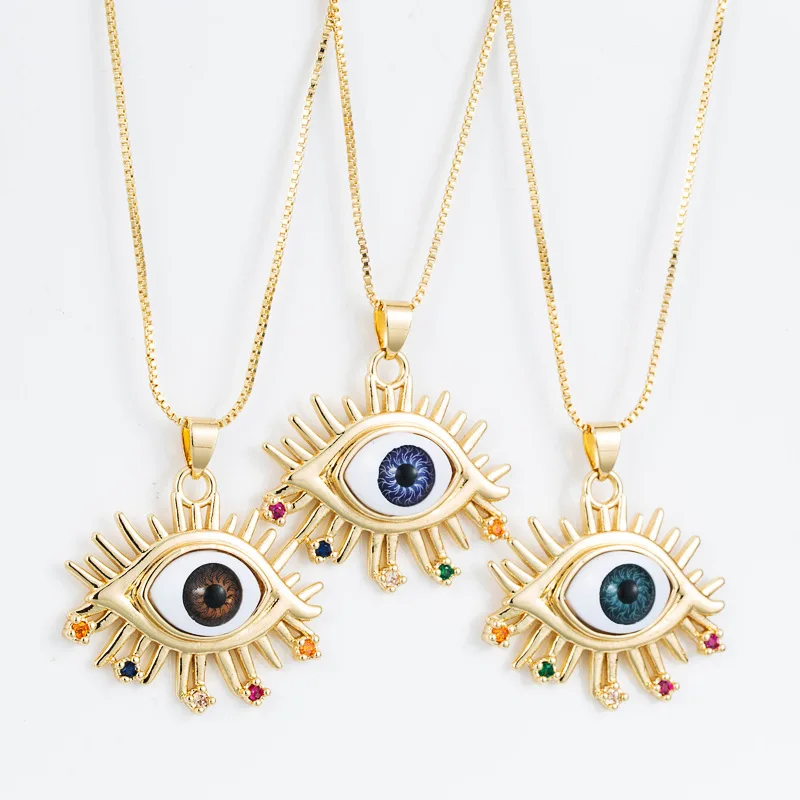 

Fashion Colorful Crystal Turkish Evil Eyes Pendant Necklace 18K Gold Long Chain Hollow Eyes Necklace For Girls