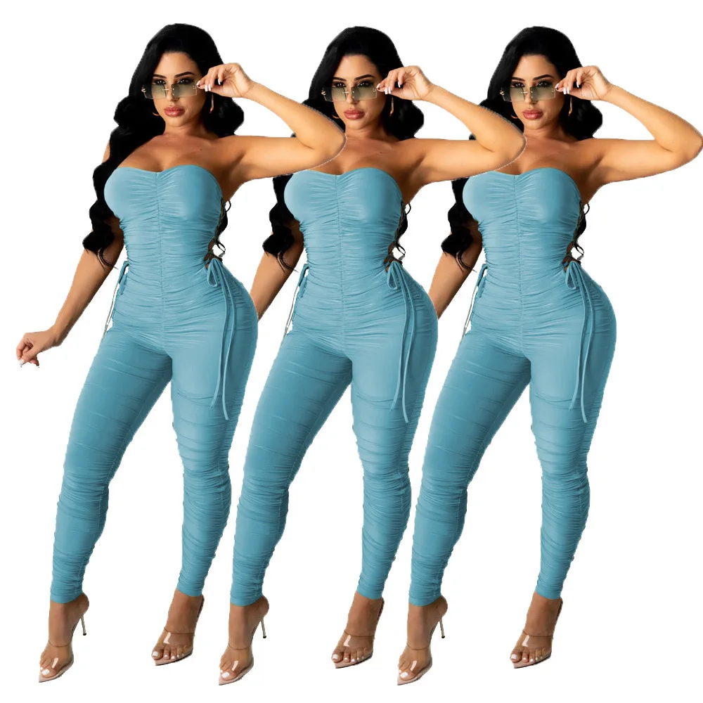 

F41457A European And American Amazon Strapless Pleated Side Strap Rompers And Jumpsuit Rompers Jumpsuit Women 2020, As picture