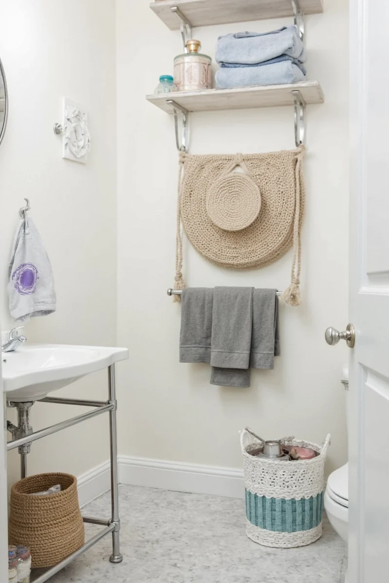 Wooden ladder used as towel rack