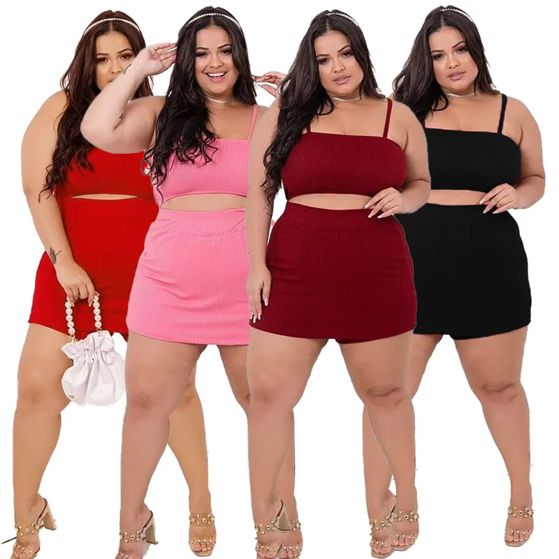 

F40565A Sexy hip-wrap halter two-piece solid color women plus size clothing plus size 2 piece sets for women, As picture