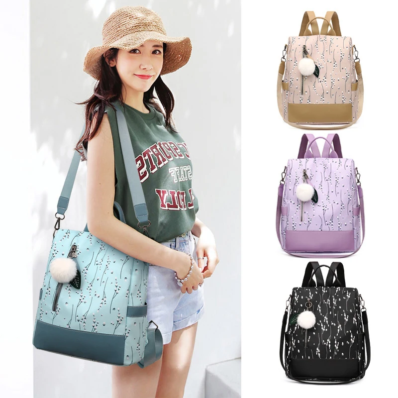 

2022 Summer New Style Nylon Backpack Fashion Printing Shoulder Bag Floral Female Other Backpack Travel School Bag, Black/purple/blue/khaki