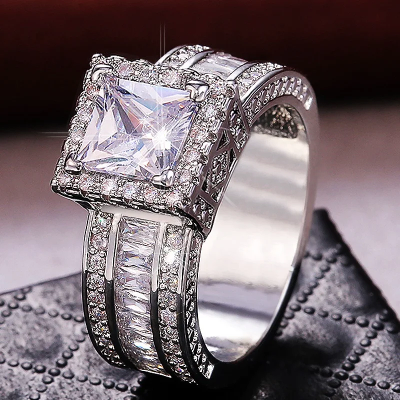 

Luxury Classic Cubic Zircon Women Ring Square Crystal Princess Cut Zircon Wedding Rings Anniversary Present Hot Jewelry, Picture shows