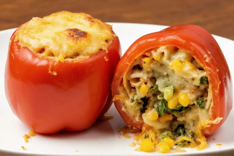 Perfectly baked stuffed bell peppers with golden cheese topping and vibrant vegetable filling visible in cross-section