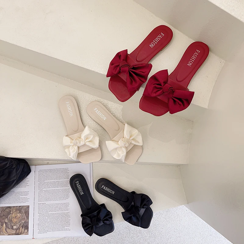 

Cute bow sexy color flat sandals women slippers 6685, Red,beige,black