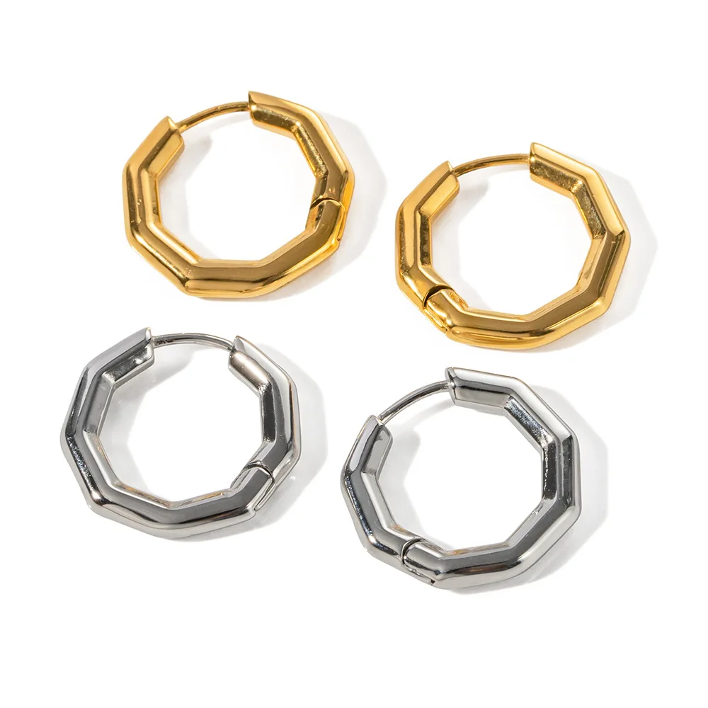 

Hot Selling Popular Waterproof Stainless Steel Hoop Earrings Stocks Sell Wholesale Fashion Jewelry Smooth Hexagon Hoop Earring