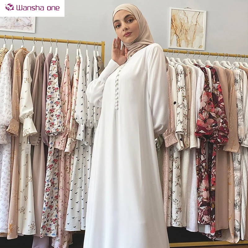

2021 high quality jersey abaya 100% cotton white long sleeve dubai satin muslim dresses islam wedding dress, 9 colors