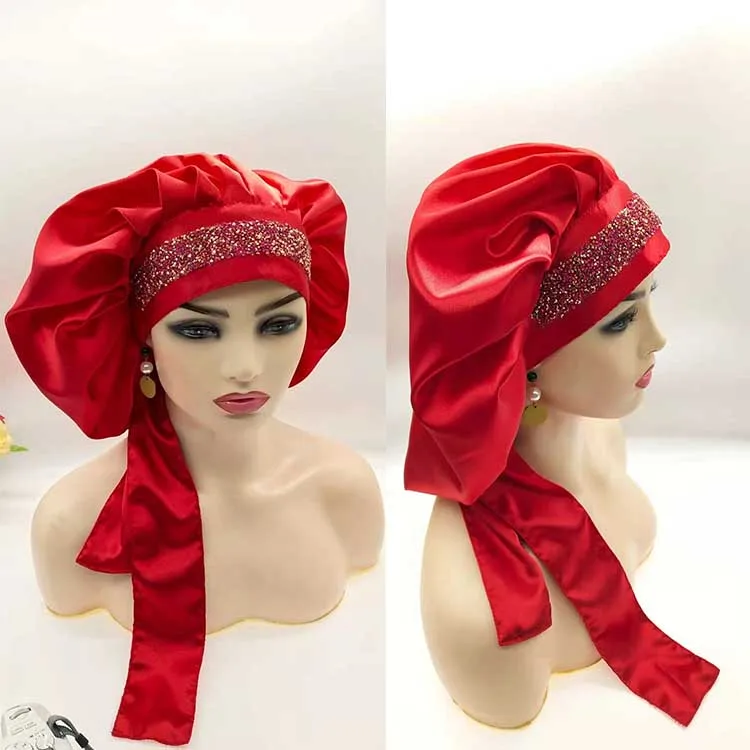 

Snapback Night Sleep Hat with Adjustable Long Bands Satin Bonnets Silk Hat with Bling Applique