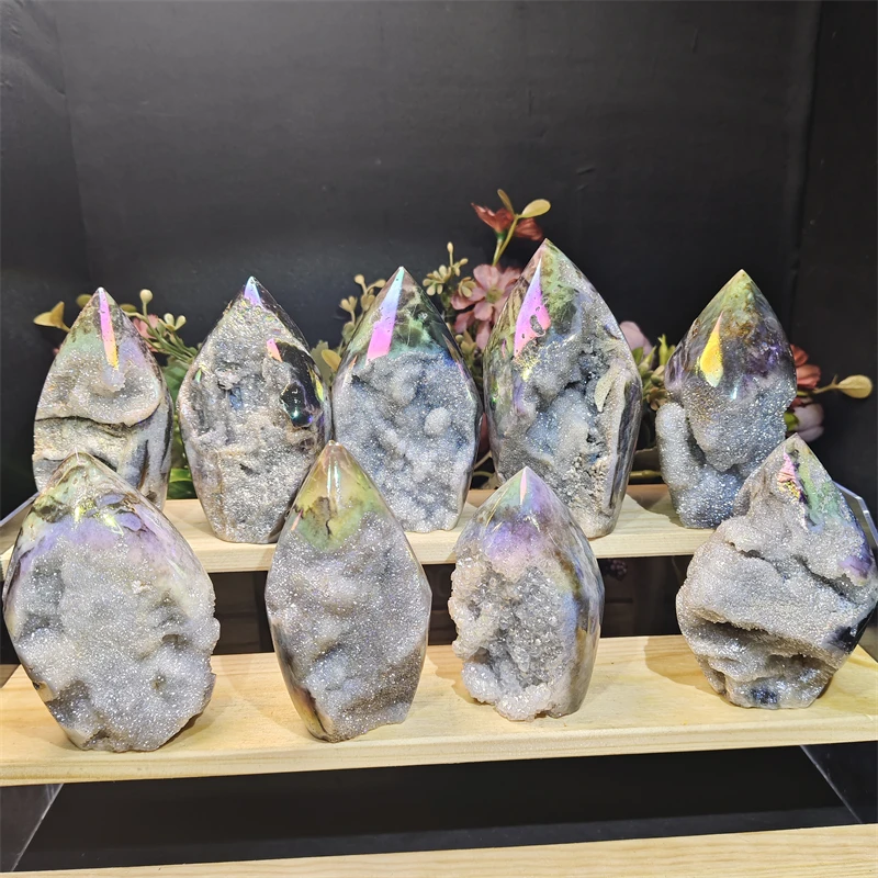 Wholesale Natural Aura Sphalerite Druzy Freeform Crystal Moon Carvings Craft for Meditation