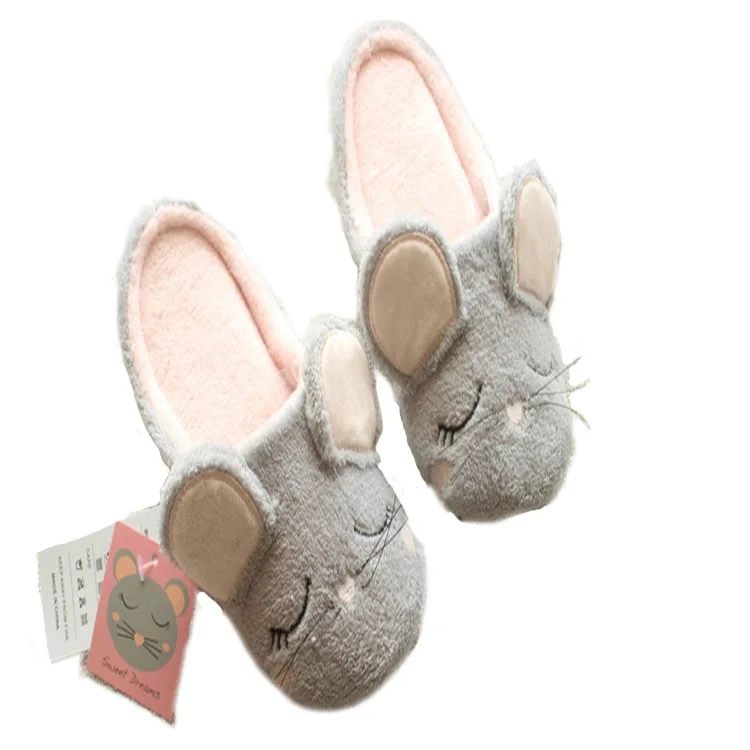 

Amazon AliExpress Hot Sale Lady Slippers Gray Cartoon Mouse Plush Warm Flat New Fashion Ladies Slippers