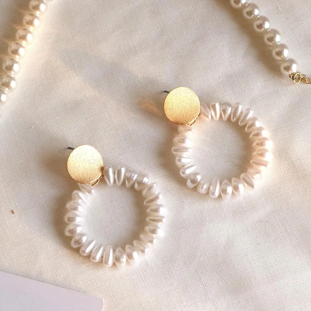 

White Simulated Pearls Exaggerated Circle Earrings Trendy Elegant Created Drop Earrings for Women, Gold