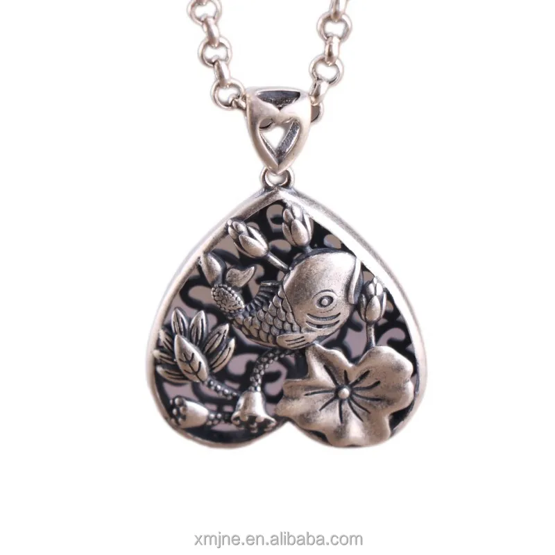 

Certified Chinese Style S925 Silver Pendant Ethnic Style Lotus Fish Pendant Hollow Art Style Handmade Plain Silver