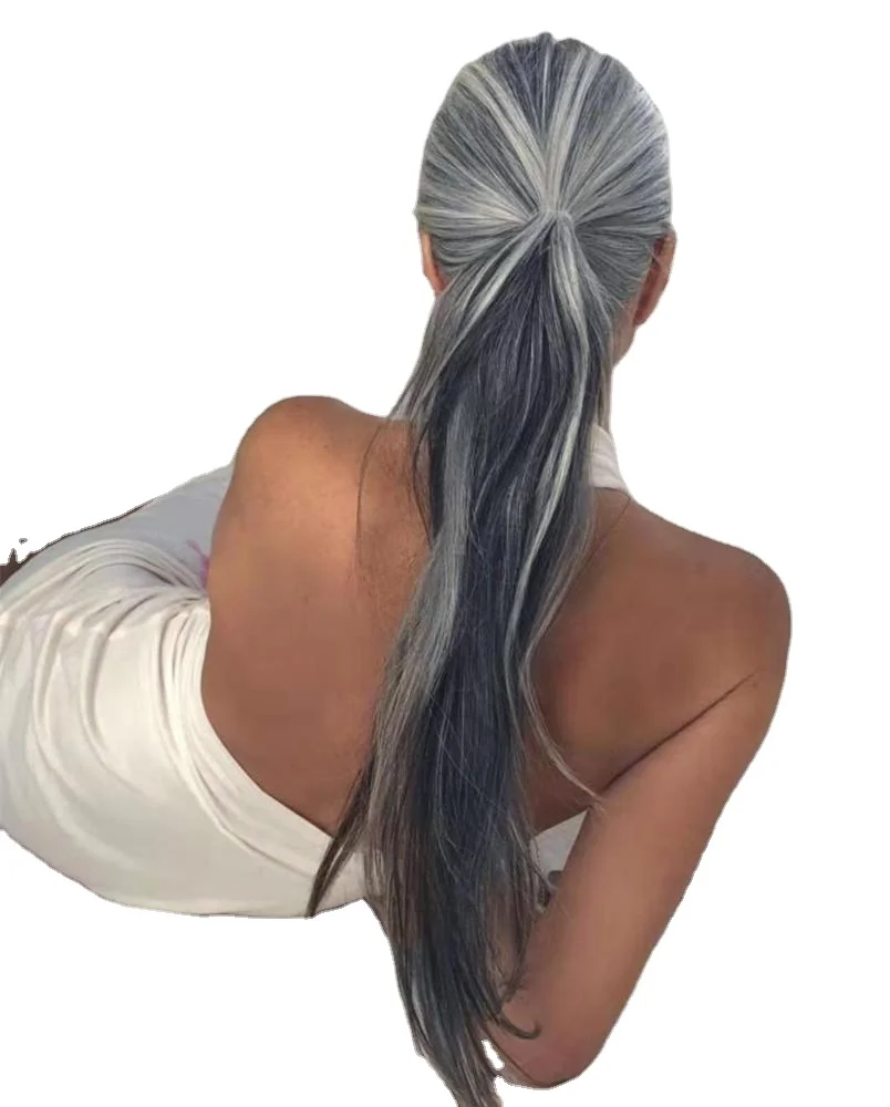 

Custom two tone mixed natural highlights silky straight silver grey real hair pony tail hairpiece brazilian hair extension gray