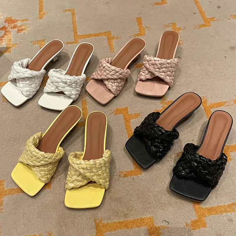 

New Sexy Weave Square Toe Low Heels Elegant Slippers Summer Fashion Slip On Open Toe Women Mules Slides Party Shoes