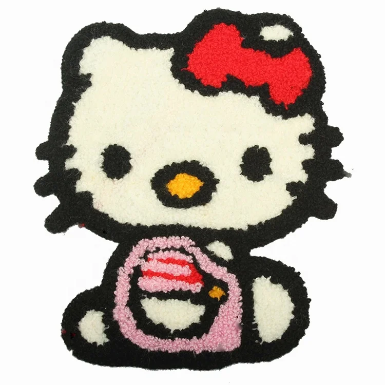 

Wholesale Fashion Design Sew on Custom Cute Cartoon Kitty Logo Embroidery Chenille Patches for Overcoats, Follow pantone color chart