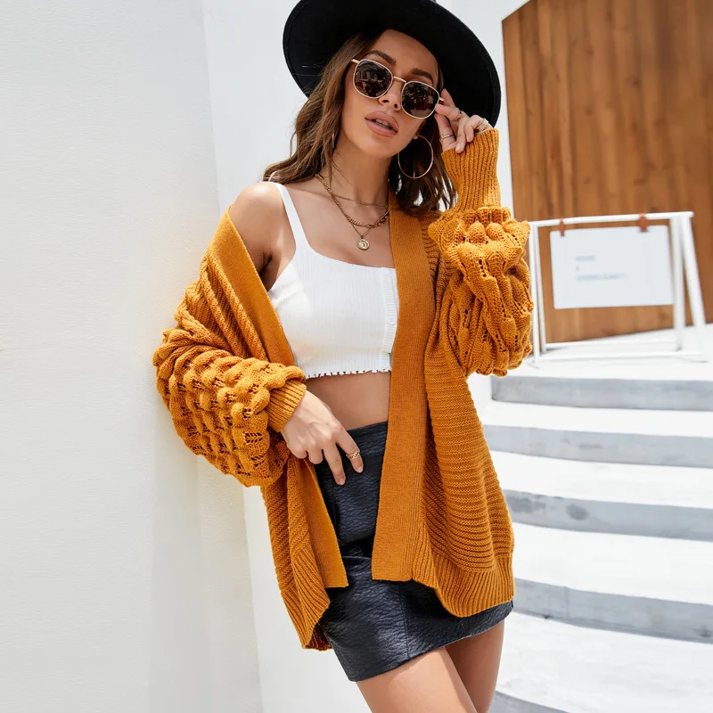 

Fall 2021 Daily Leisure Female Solid Color Loose Lantern Sleeve Clothes Long Coat Knitted Cardigan Sweater For Women