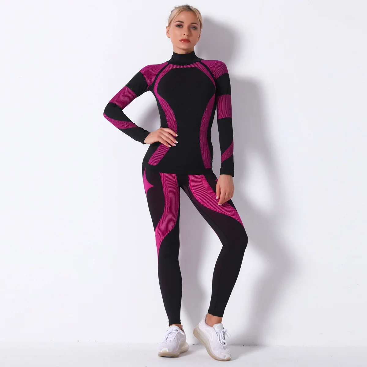 

Breathable Yoga Workout Long Sleeve Shirt Leggings Set Gym Sports Fitness Striped Pants Suit For Women