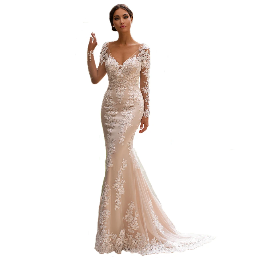 

New deep V-neck wedding dress long sleeves big open back thin lace small tail mermaid wedding dress, Champagne