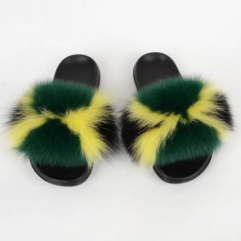 

Jamaican Color PVC Sole Real Raccoon Fur Sandals Big Fox Fur Custom Fluffy Slides for Female Women