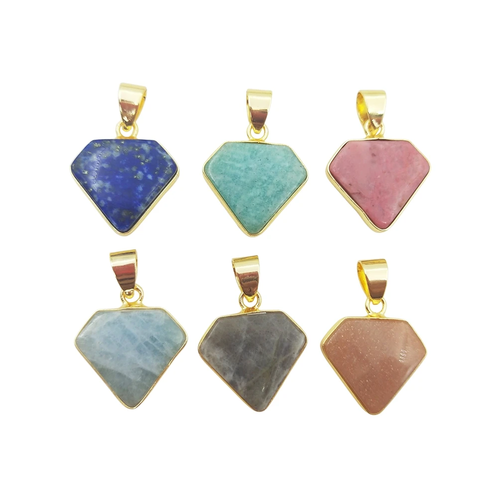 

diy accessories natural gemstone necklace pendant lapis sunstone quartz diamond shape triangle charm gold plated bezel jewelry, Multi