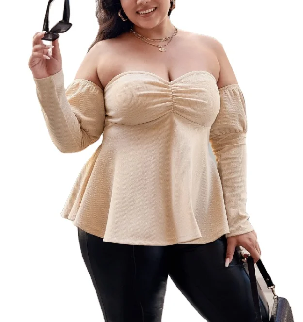 

Spring and Autumn Beige Off Shoulder Twist Front Long Sleeve Chest Wrap Top