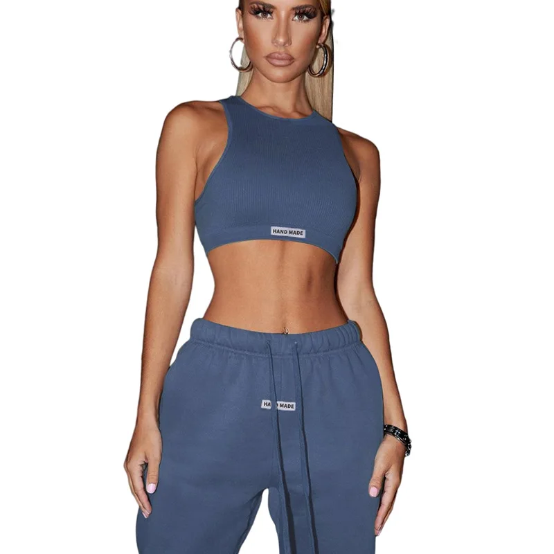 

2021 fall women's sports suit new sexy low-cut neck tight top high waist rope binding foot pant 2 pieces sets jogger gym outfit