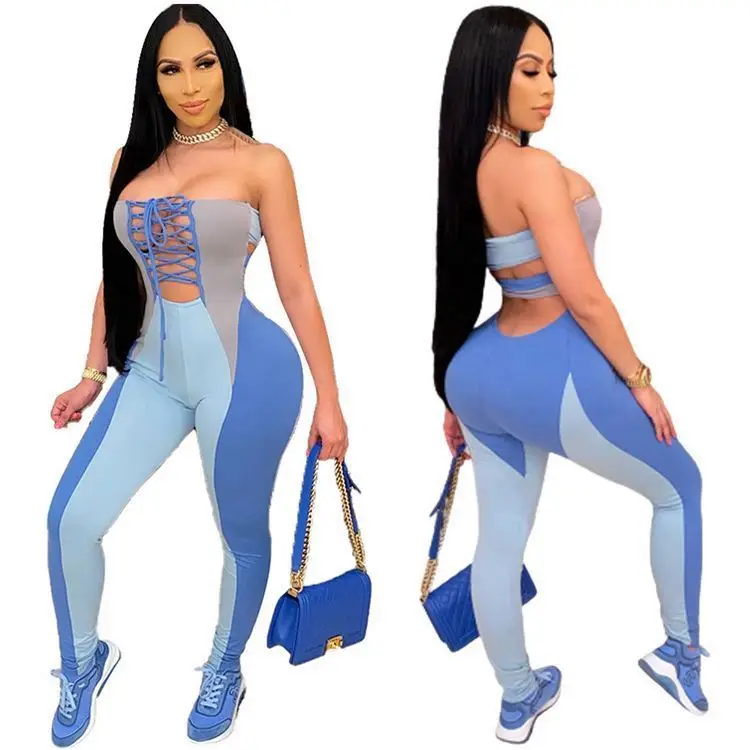 

New Arrival Hollow Out Patchwork Bandage Strapless Women Clothes 2021 Women One Piece Jumpsuits And Rompers Custom logo