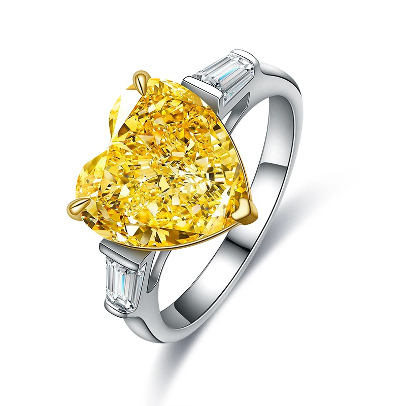 

S925 Sterling Silver Luxury Super Large 5.0CT Moissanite Rare Heart Shape Yellow Diamonds Ring Engagement Wedding Party Jewelry
