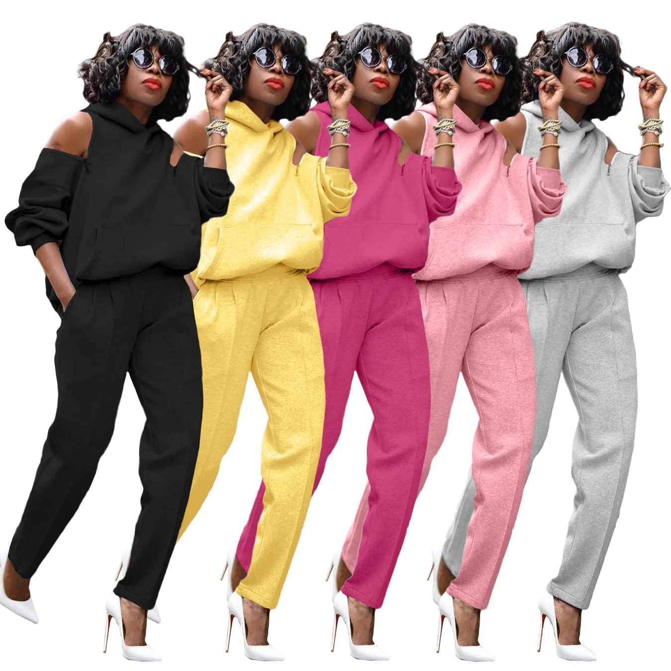

Long Sleeve Solid Color Off The Shoulder Lady Casual Loose Backless Fall 2 Piece Sets Women Sweat Suits Set Hoodie Sets Women