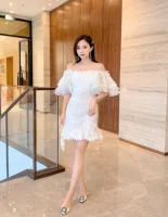 

Thailand Hot Selling Fashion Summer New Style Embroidered Casual Short Sleeve Off Shoulder Ruffled White Sexy Mini Dresses