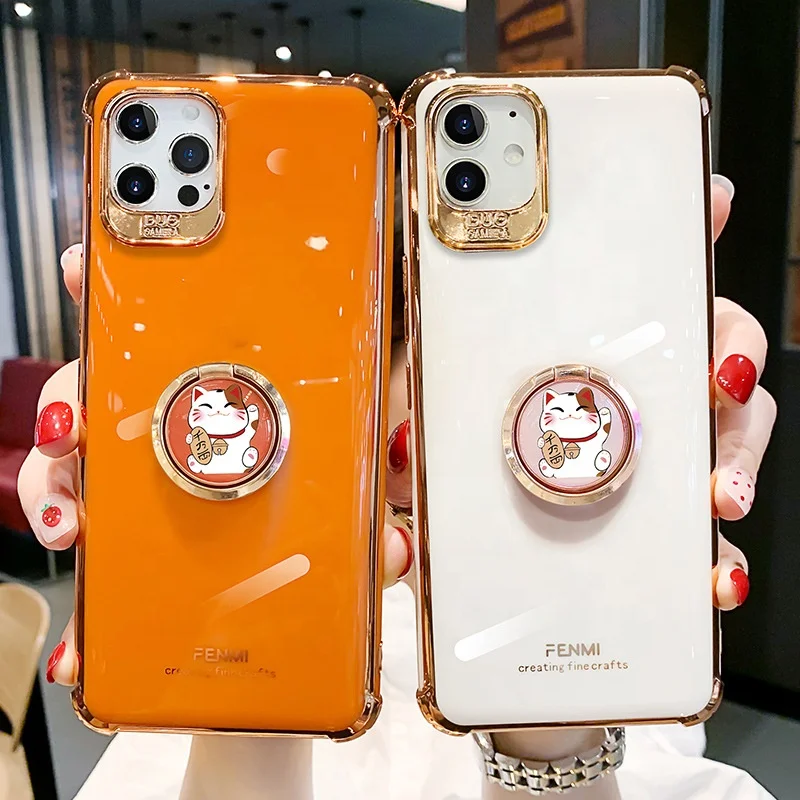 

Cute Lucky Cat Electroplating All-Inclusive Ring Bracket Airbag Anti-fall Suitable for iPhone 11 12Pro Max Mobile Phone Case, 8 colors