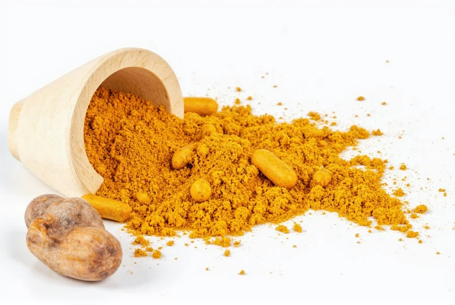 Turmeric root and black peppercorns side by side showing natural sources of curcumin and piperine