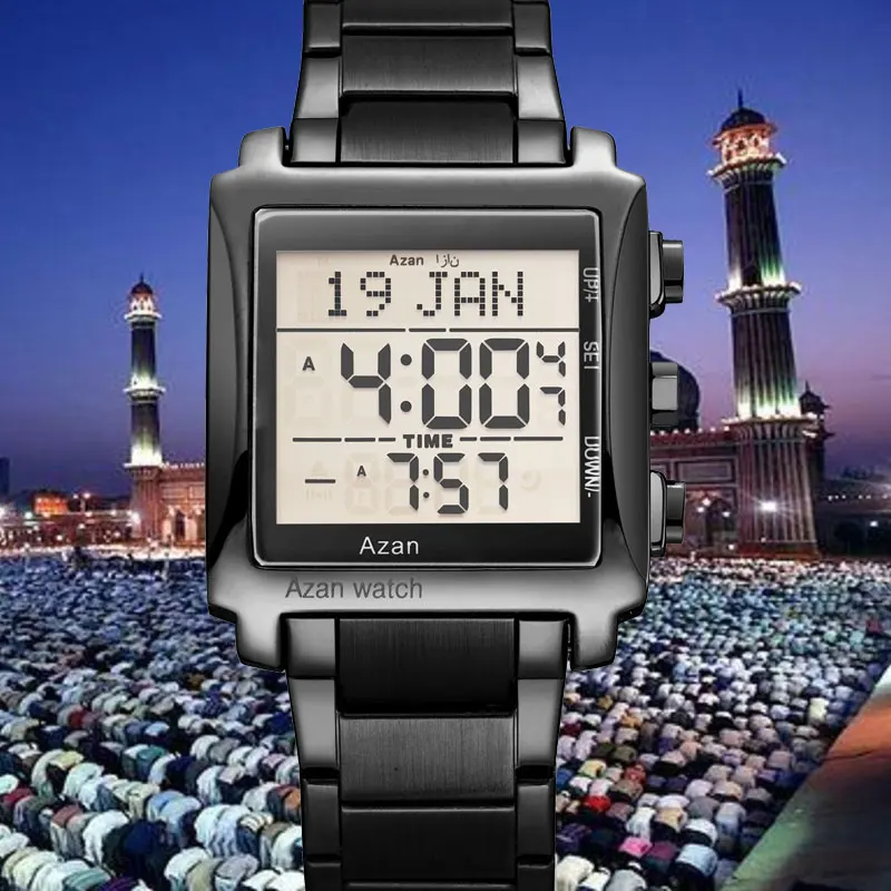 

Stainless Steel Back Digital Alfajr Azan Prayer Wrist Watch men arabic azan clock