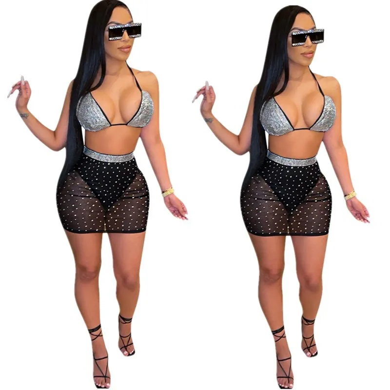 

Summer Sexy Clothes Mesh String Swimwear Short Pants Two Piece Sets for Women 2021