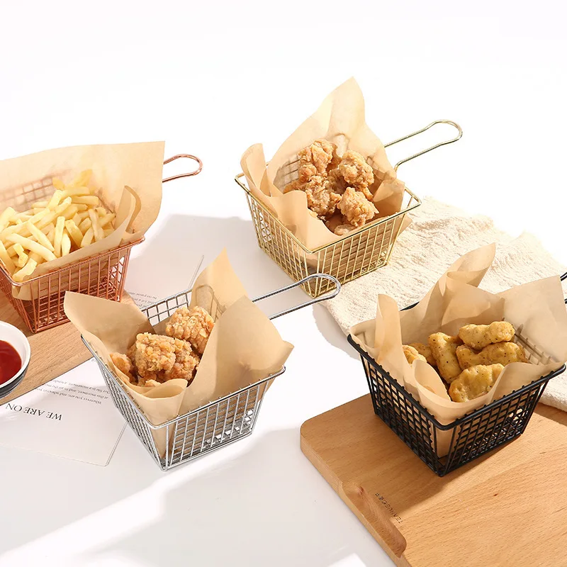 

Wire Fries Basket Square French Stainless Steel Rectangular Deep Fry Serving Basket Metal Fast Food Presentation Tray